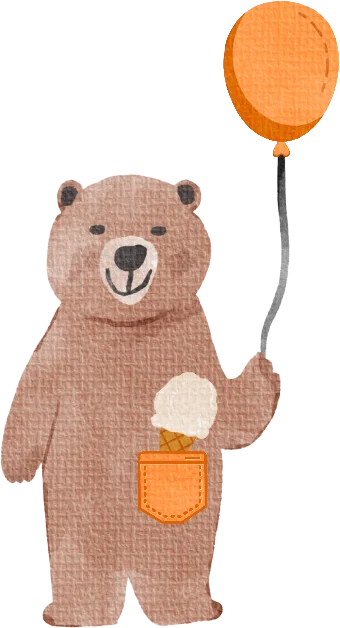 Mishki bear holding an orange balloon and a gelato cone