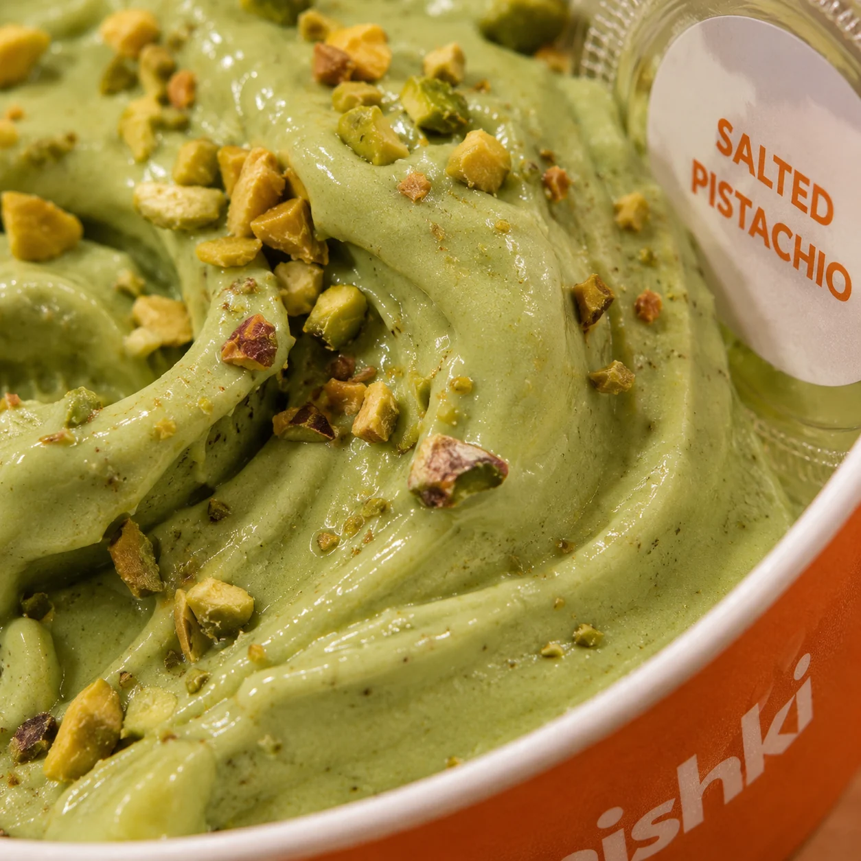 Close-up of Salted Pistachio gelato with chopped pistachios