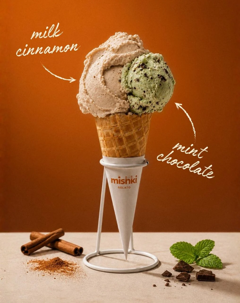 Double-scoop cone: Milk Cinnamon and Mint Chocolate
