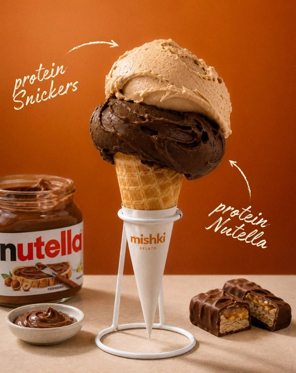 Double-scoop cone: Protein Snickers and Protein Nutella