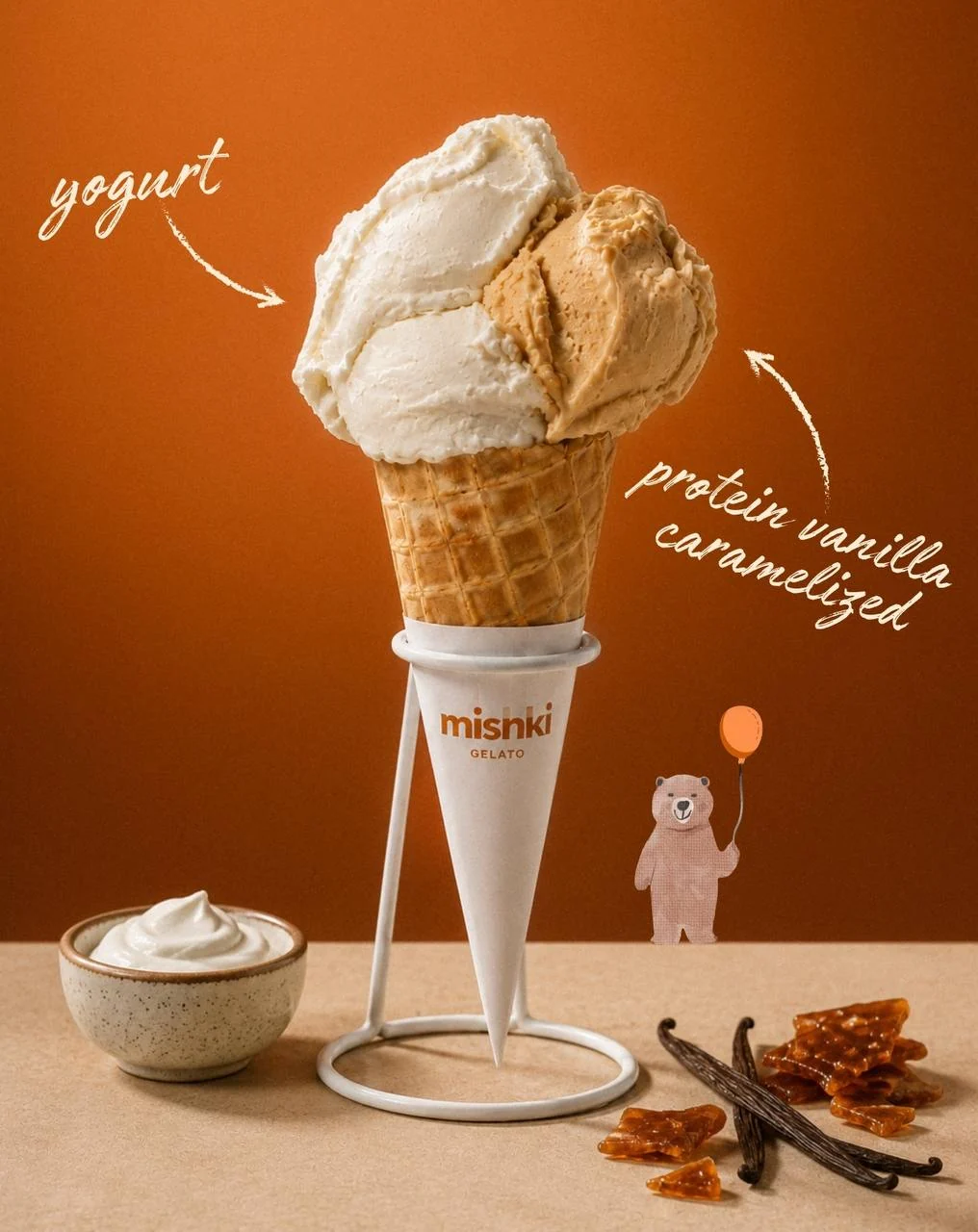 Double-scoop cone: Yogurt and Protein Vanilla Caramelized