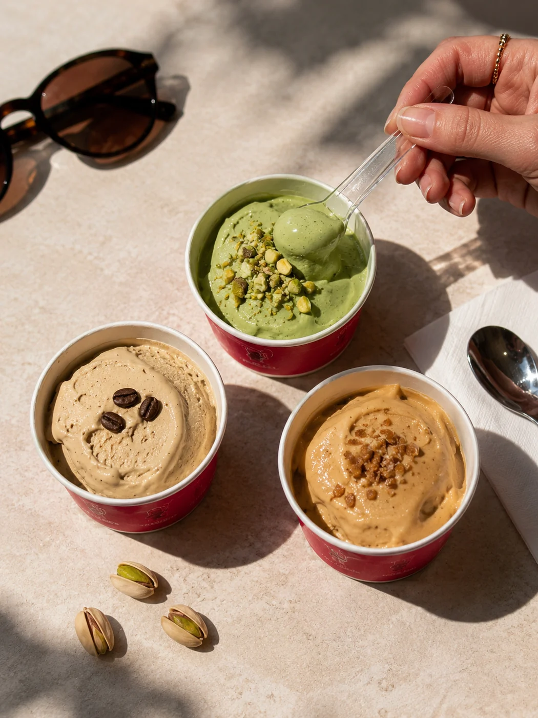 Three cups of Mishki gelato with sunglasses on a sunny table